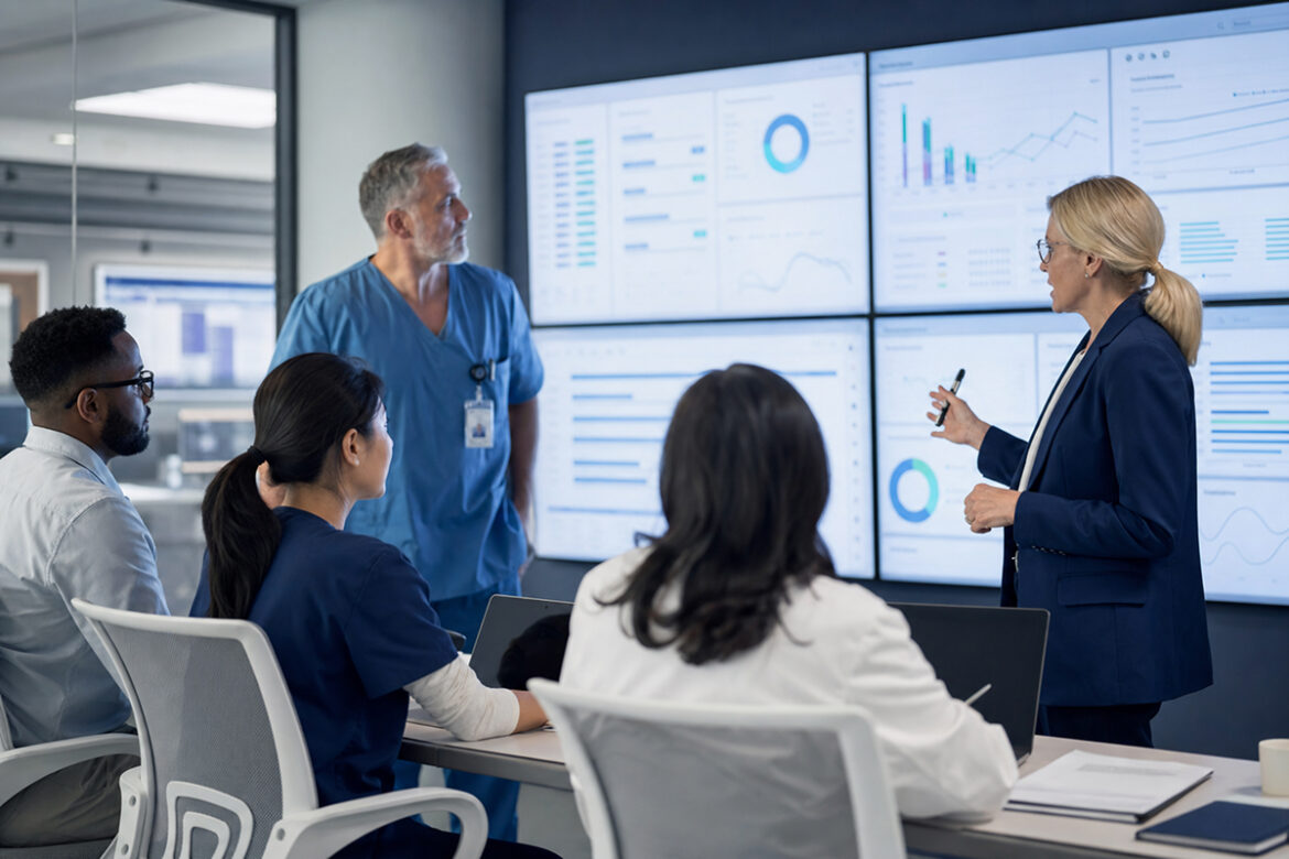 Healthcare operations leaders reviewing patient access, capacity, and performance dashboards