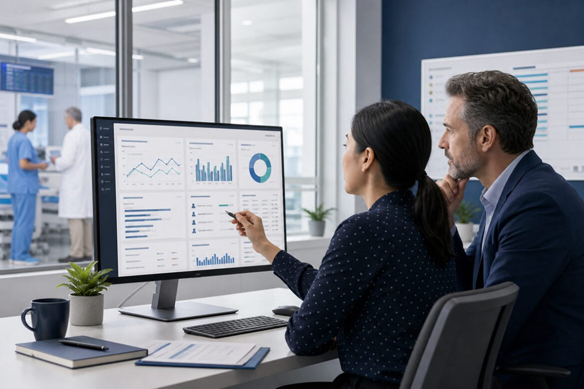 Healthcare leaders reviewing an executive analytics dashboard
